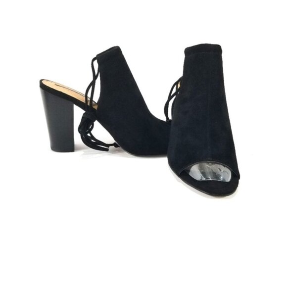 Tahari Meg Black Suede Heels with Ankle Tie - Picture 2 of 9